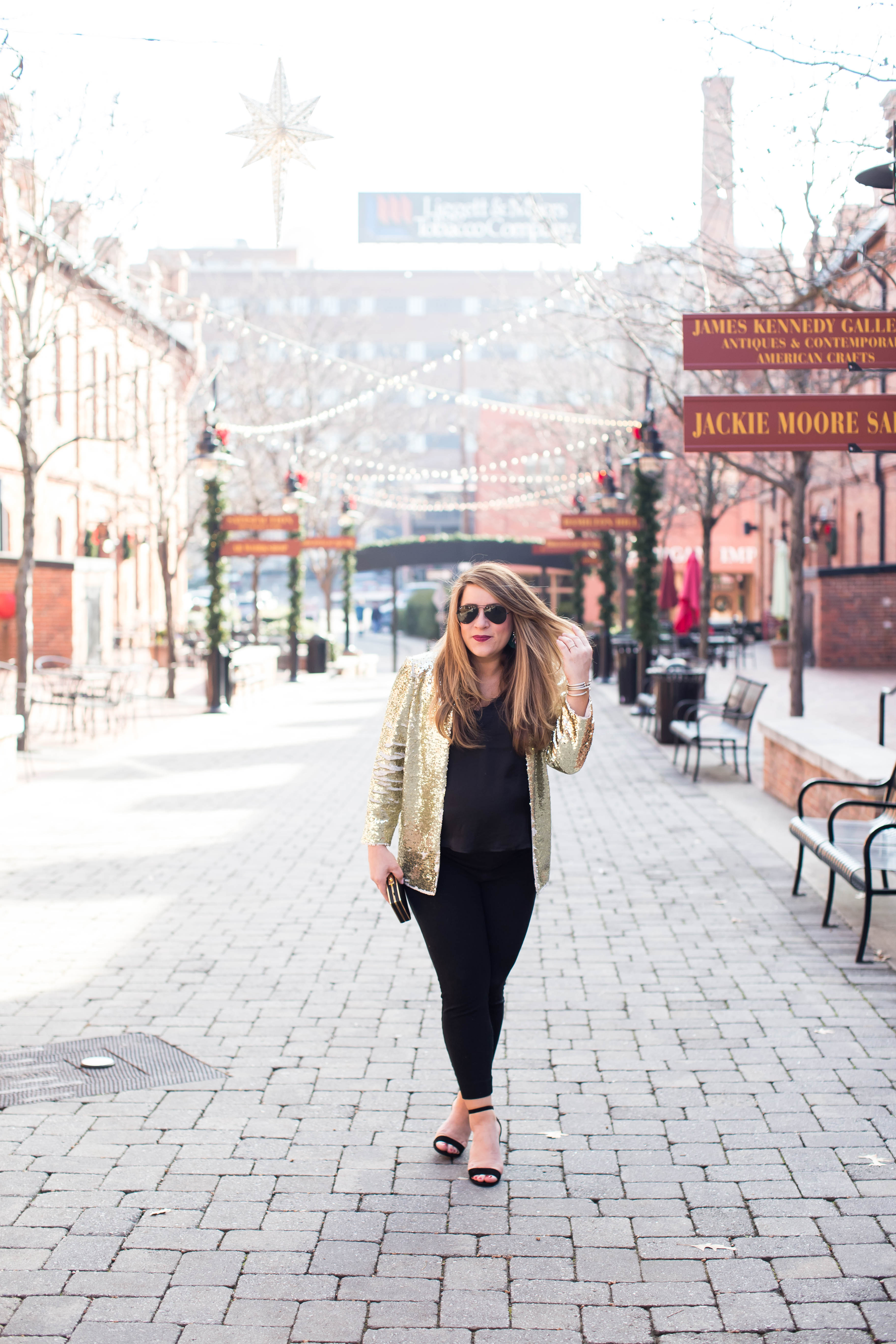 Gold Sequin Blazer by North Carolina fashion blogger Coffee Beans and Bobby Pins