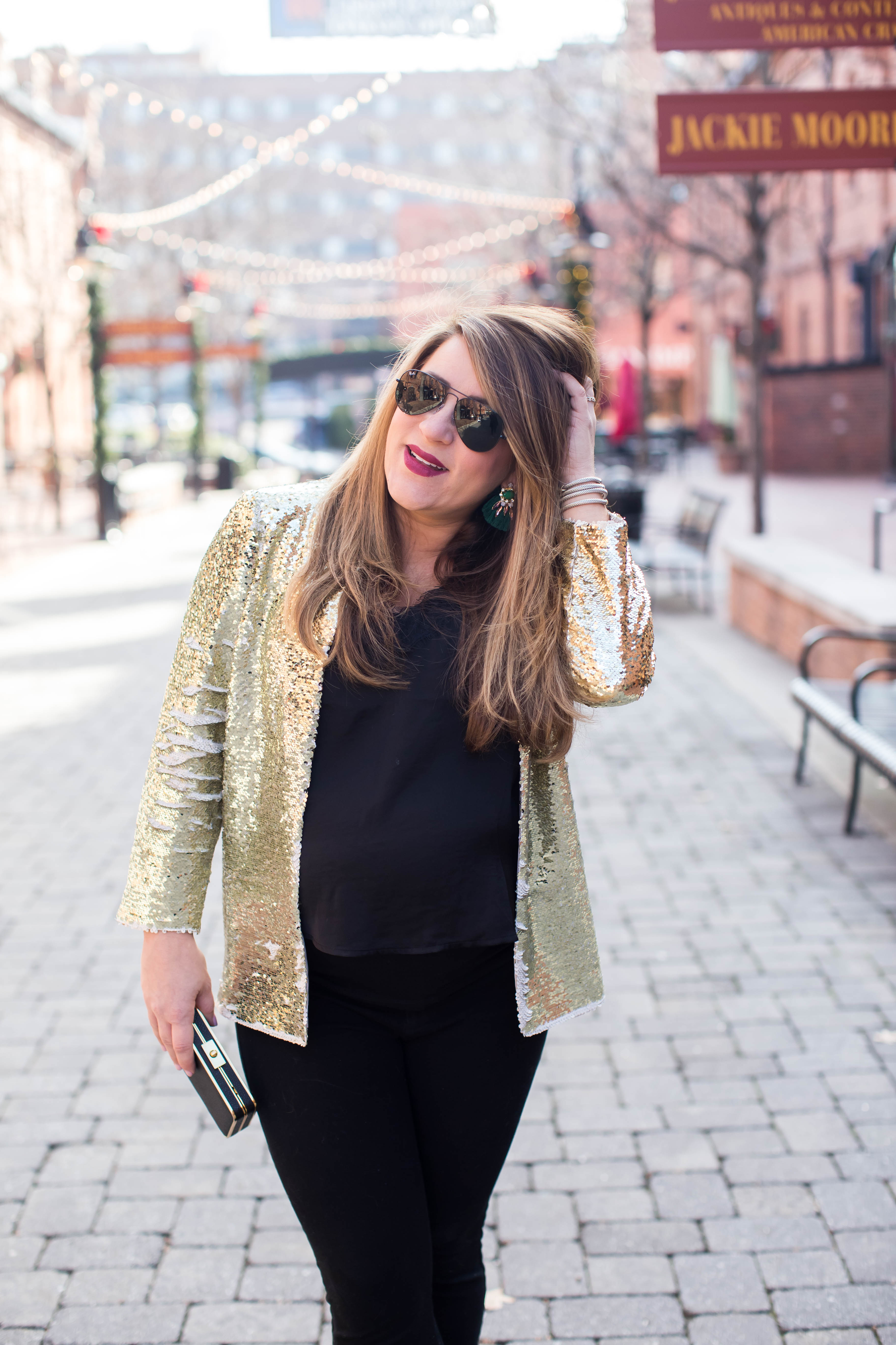 Gold Sequin Blazer by North Carolina fashion blogger Coffee Beans and Bobby Pins