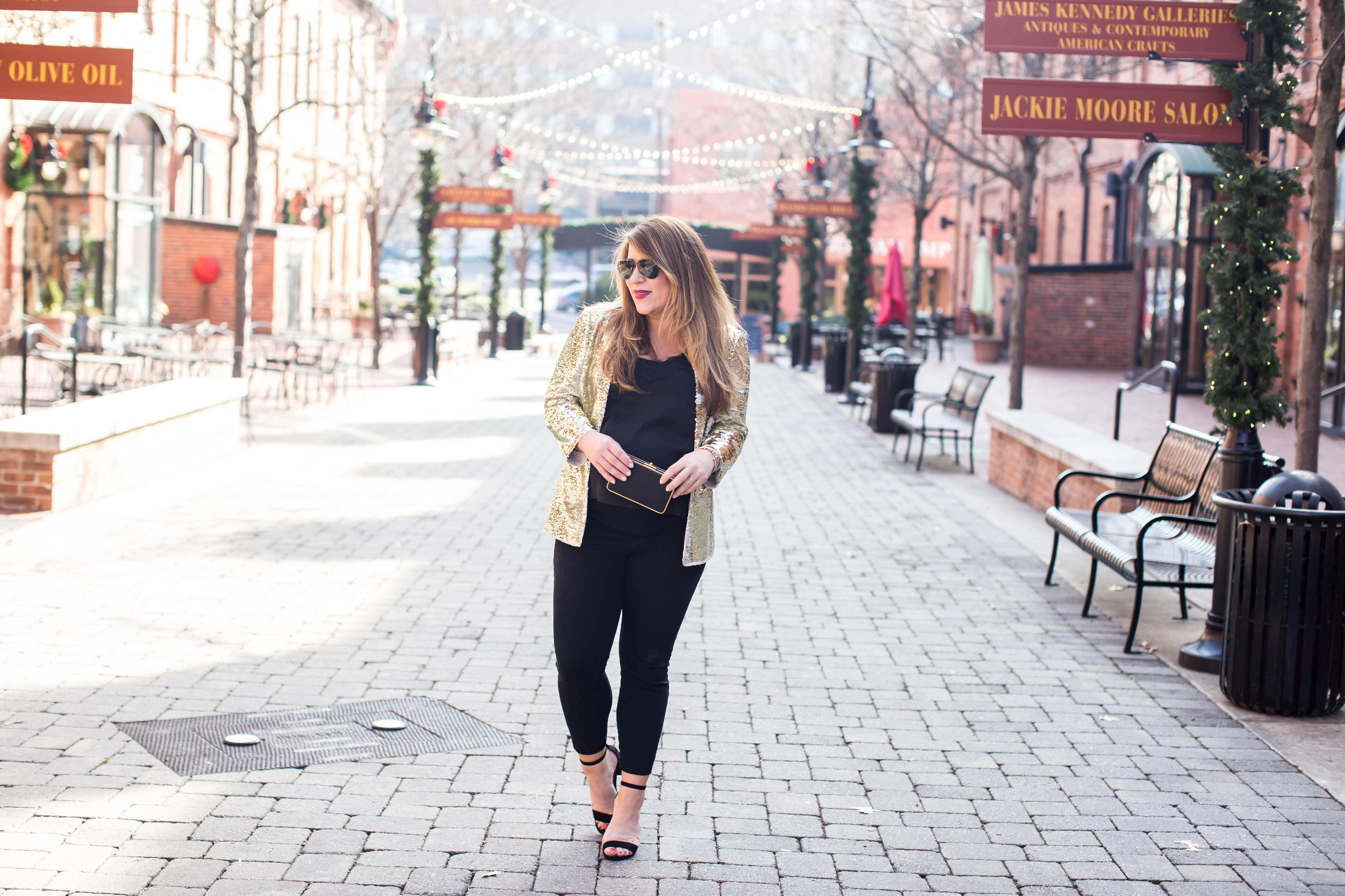 Gold Sequin Blazer by North Carolina fashion blogger Coffee Beans and Bobby Pins