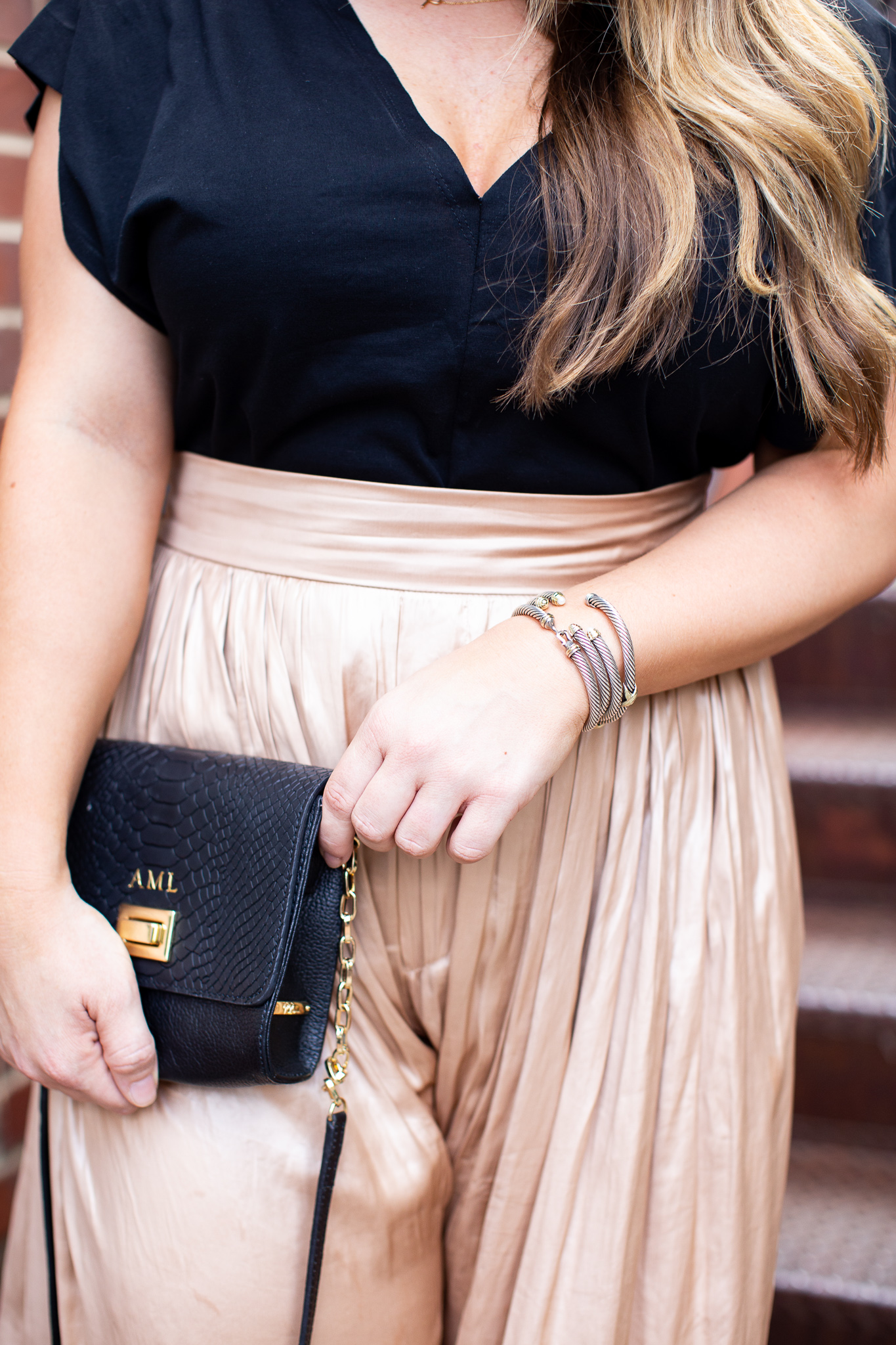 Gold Palazzo Pants featured by popular North Carolina style blogger Coffee Beans and Bobby Pins