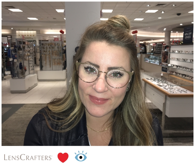 New Glasses with Lenscrafters at Macys by popular North Carolina life and style blog, Coffee Beans an Bobby Pins: image of a woman trying on glasses at Lenscrafters at Macys.