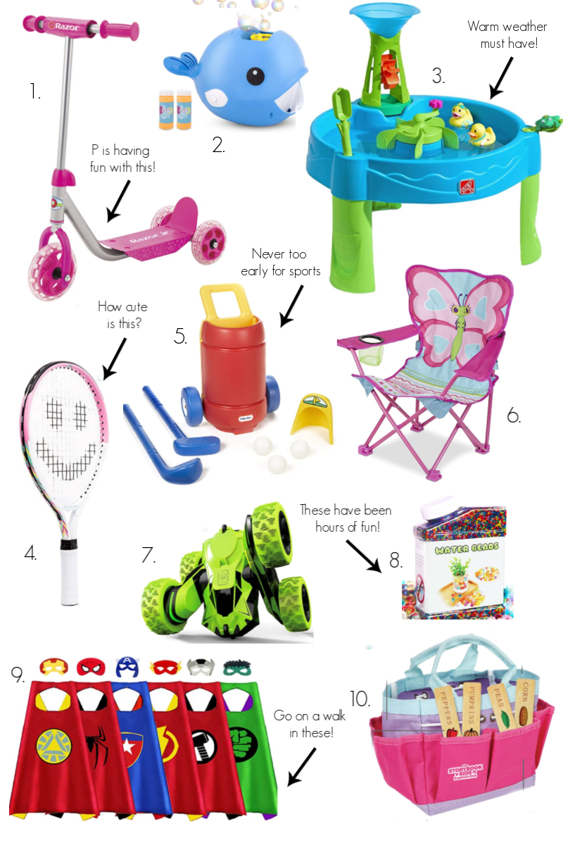 Amazon Summer Products by popular Ohio motherhood blog, Coffee Beans and Bobby Pins: collage image of a Amazon Razor scooter, Amazon little tykes golf club set, butterfly camping chair, Amazon water table, Amazon bubble machine, Amazon smiley face tennis racket, Amazon water beads, Amazon Story Book Kids gardening kit, Amazon super hero capes and masks, and Amazon outdoor remote control car. 