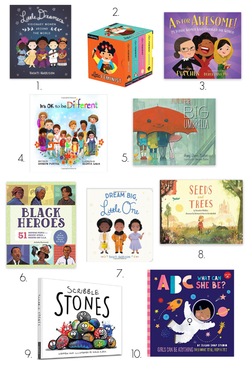 Children's Books About Diversity by popular Ohio lifestyle blog, Coffee Beans and Bobby Pins: collage image of Little Dreamers, Little Feminists, Seeds and Trees, Scribble Stones, Big Umbrella , Black Heroes, Dream Big Little One, ABC What Can She Be? books. 