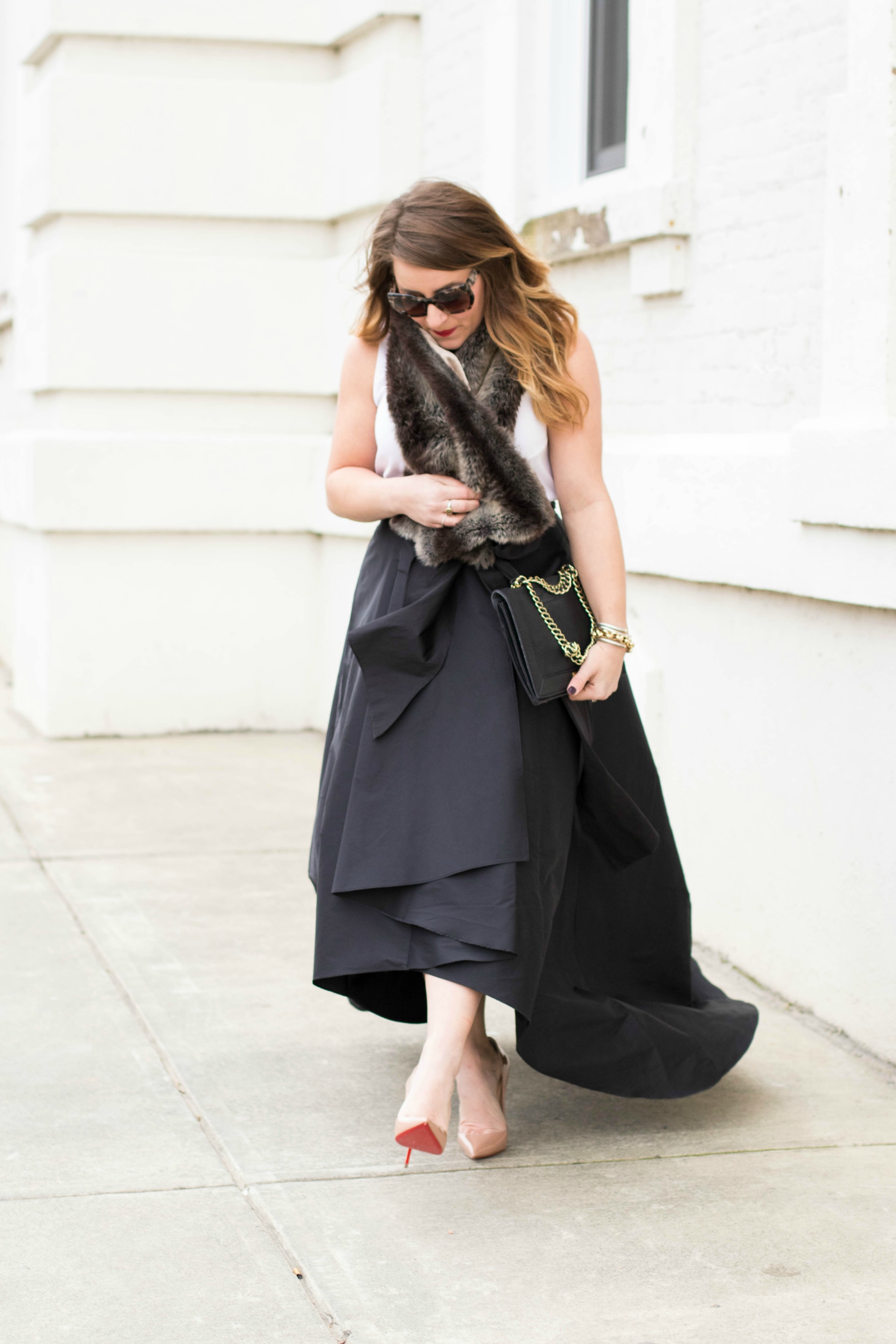 Valentines Date Night outfit featured by top US fashion blog, Coffee Beans and Bobby Pins: image of a woman wearing a Adrianna Papell maxi skirt, TOPSHOP shell top, Christian Louboutin toe pumps, Royal Scout and Co faux fur wrap, Olive and Joy bag, David Yurman bracelet, DITTO sunglasses
