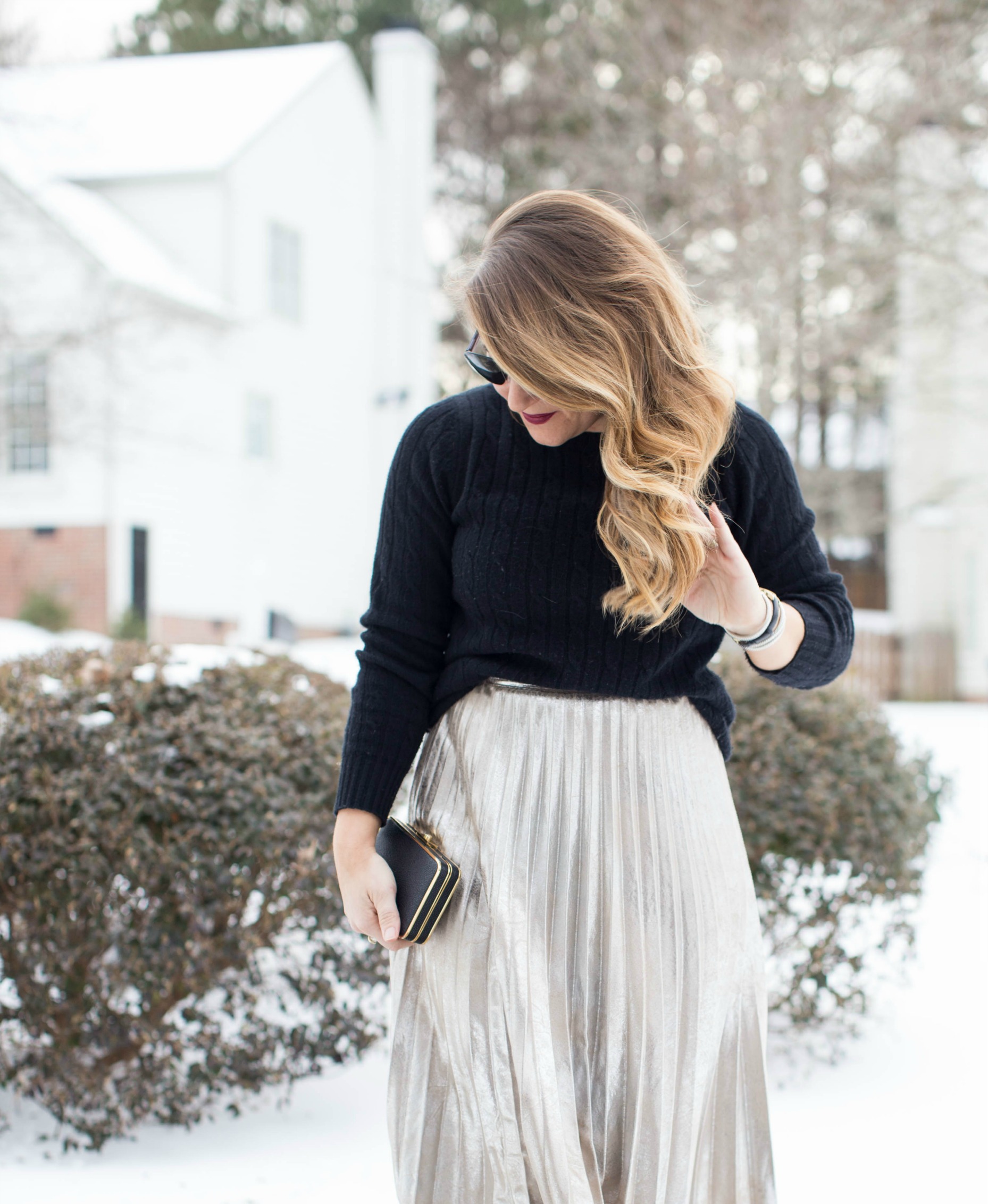 Pleated Metallic Skirt | Wearing Metallics after the holidays | coffeebeansandbobbypins.com | @Amy_cbandbp