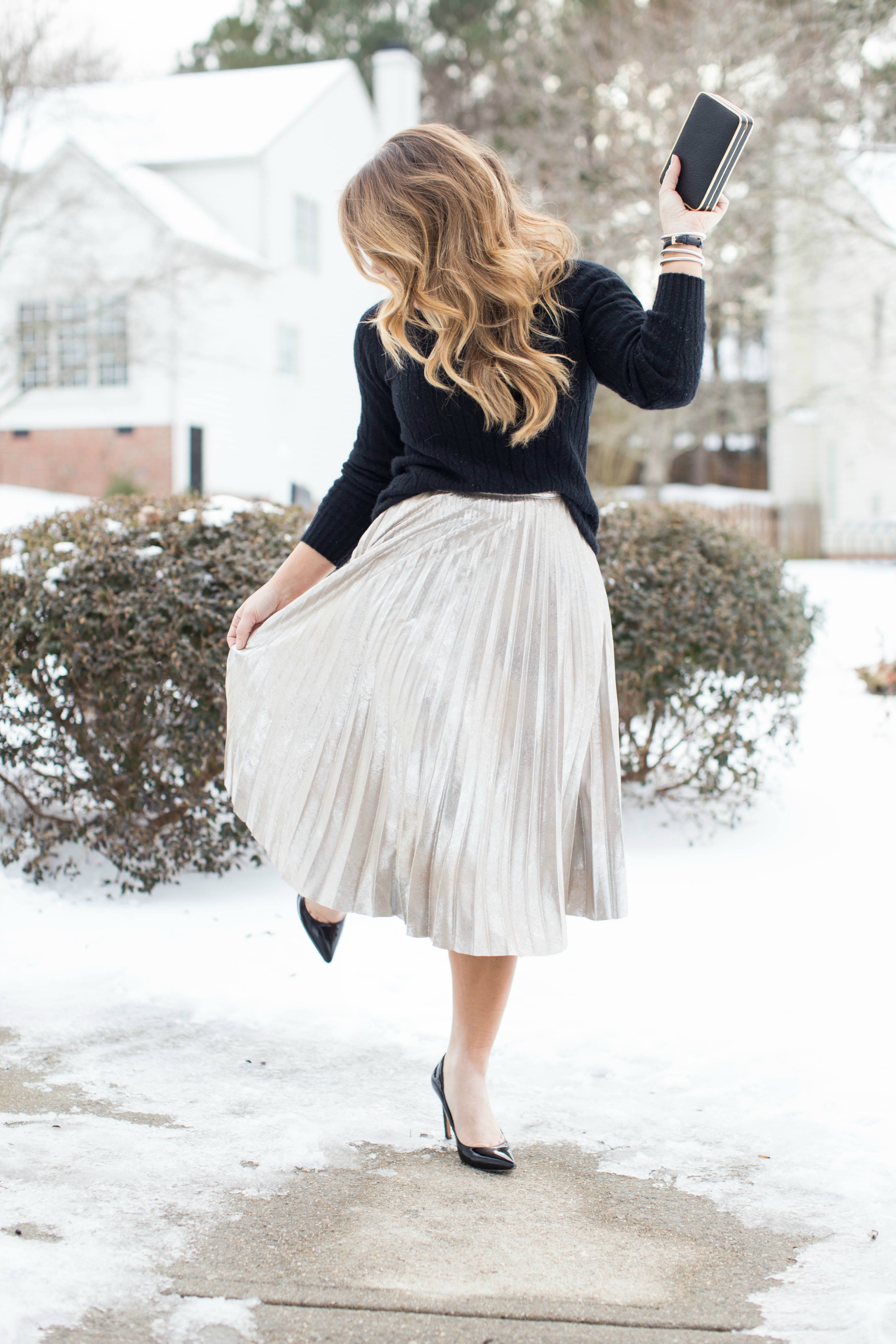 Pleated Metallic Skirt | Coffee Beans and Bobby Pins