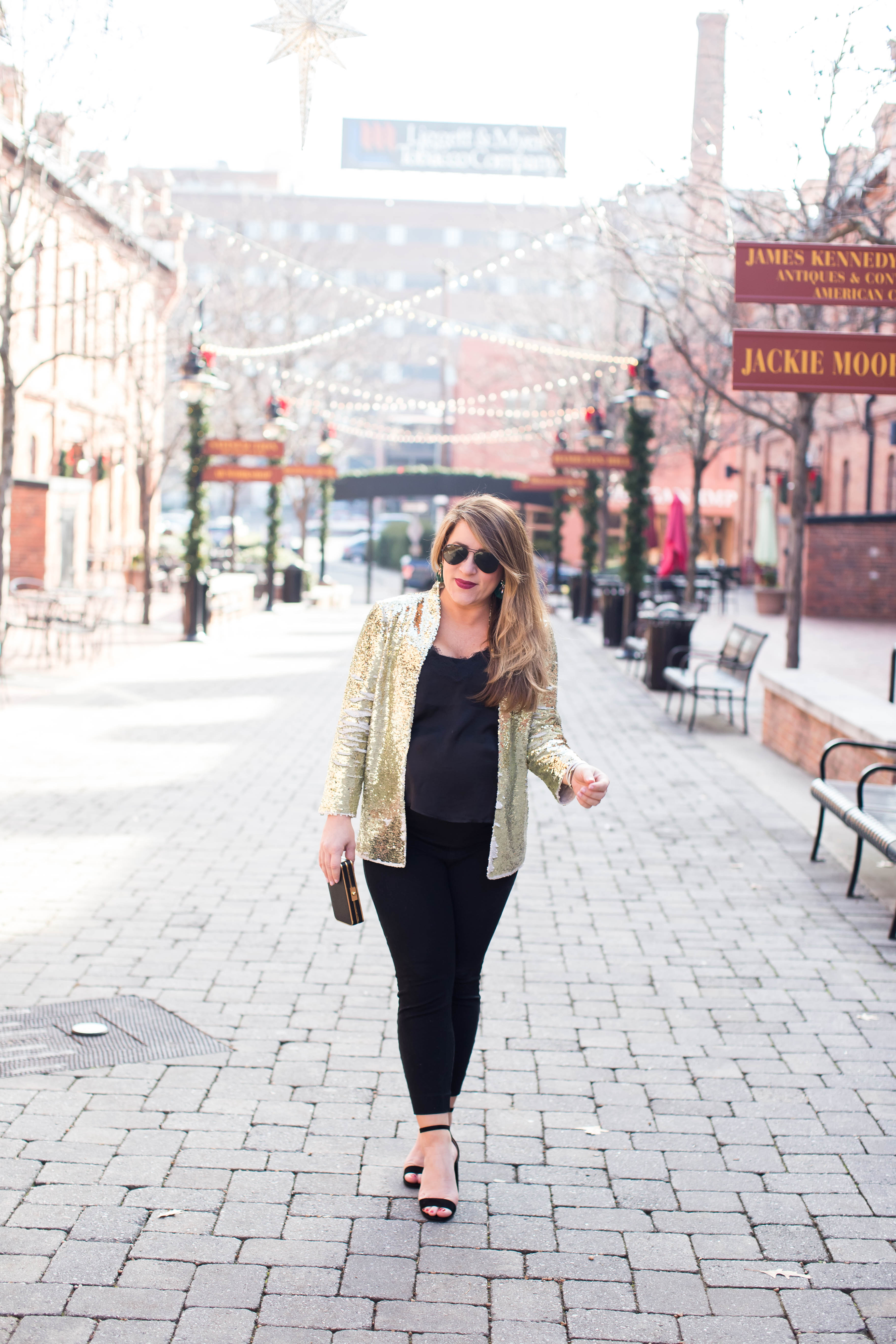 Gold Sequin Blazer by North Carolina fashion blogger Coffee Beans and Bobby Pins