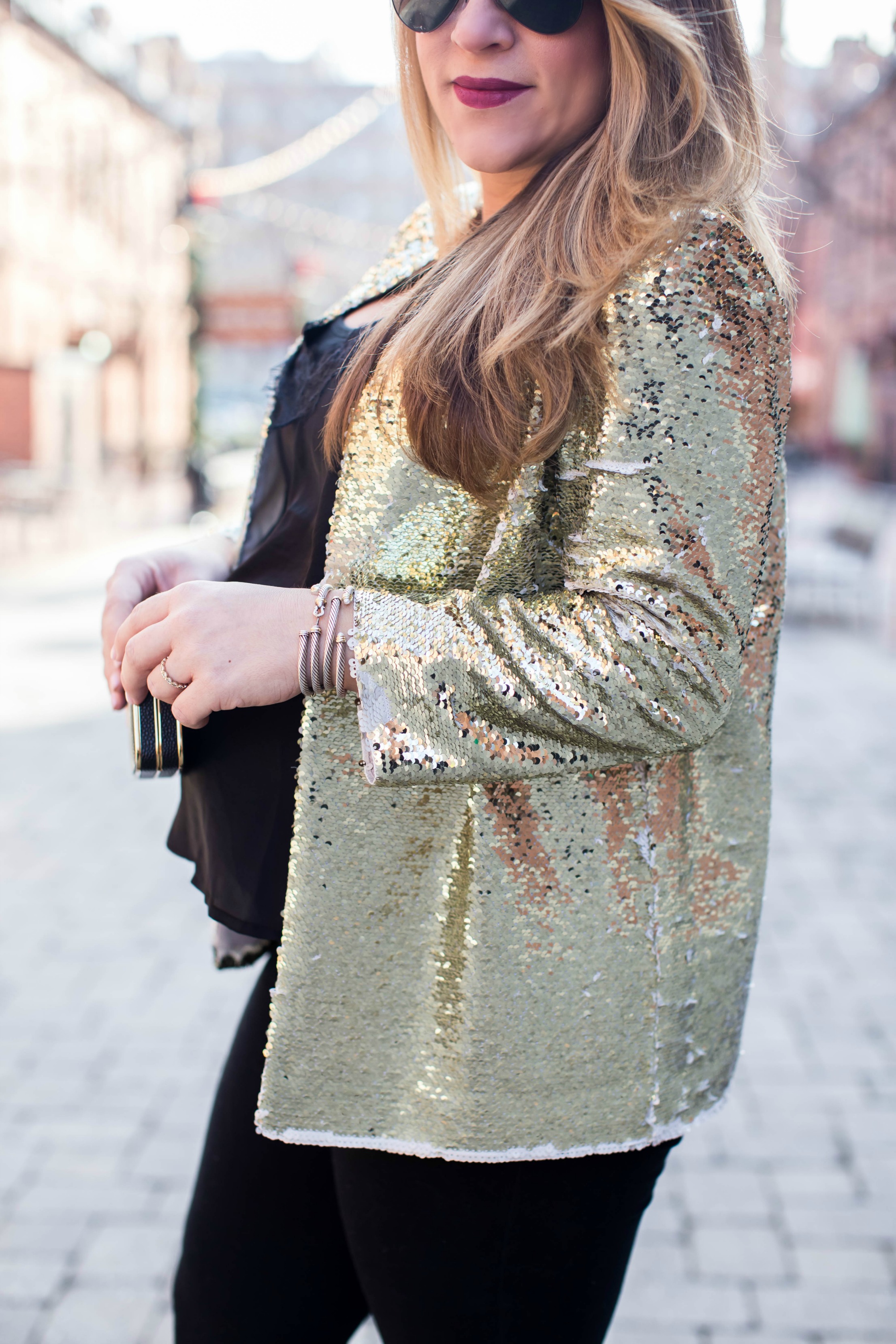 Gold Sequin Blazer by North Carolina fashion blogger Coffee Beans and Bobby Pins
