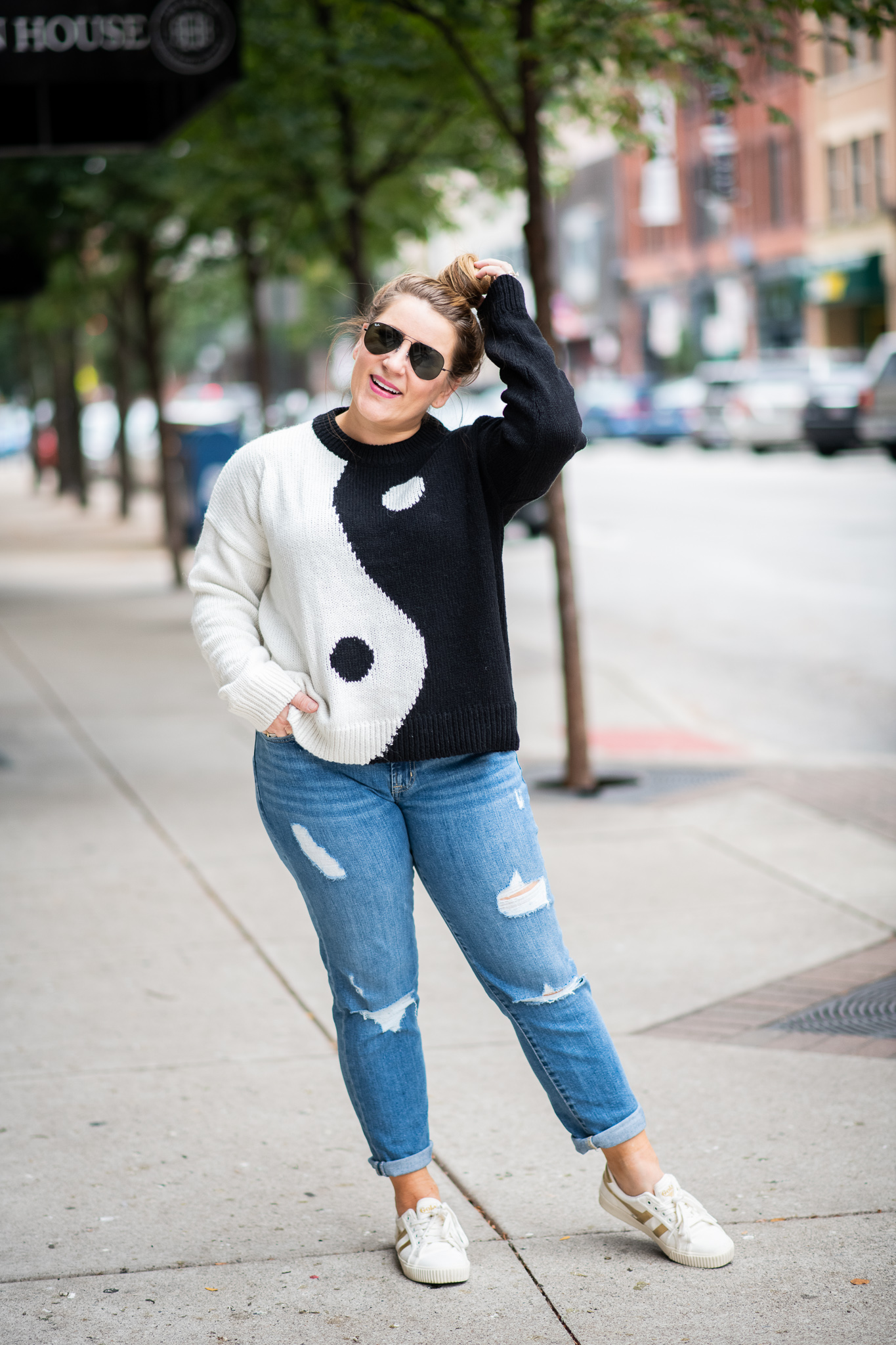 90s Fashion | Fall Fashion | Ying-Yang Madewell Sweater featured by top North Carolina fashion blog Coffee Beans and Bobby Pins
