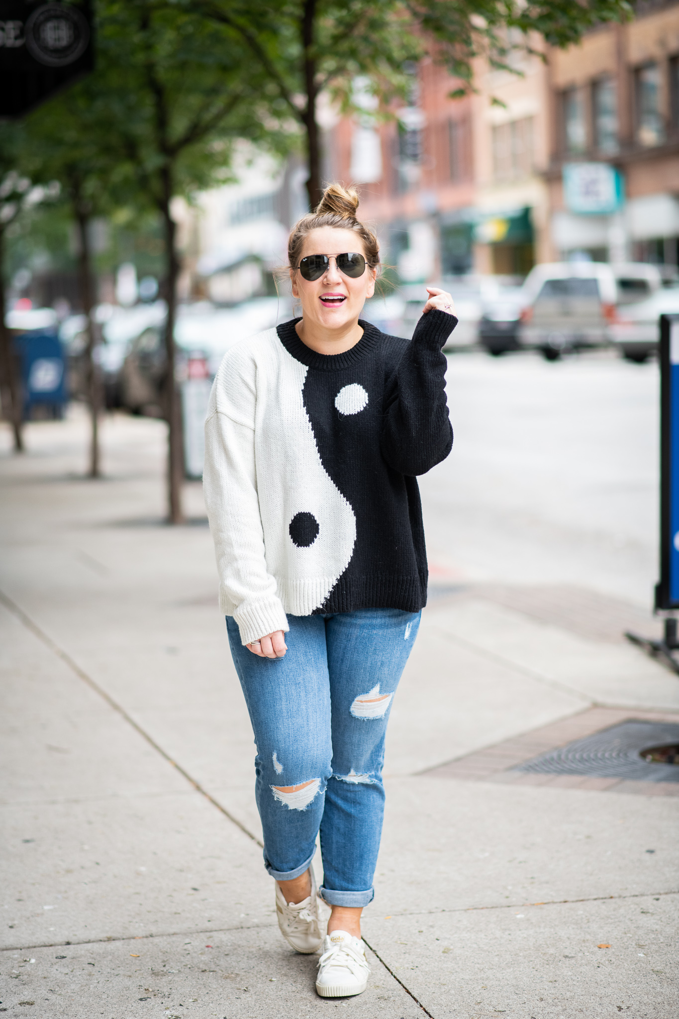 90s Fashion | Fall Fashion | Ying-Yang Madewell Sweater featured by top North Carolina fashion blog Coffee Beans and Bobby Pins
