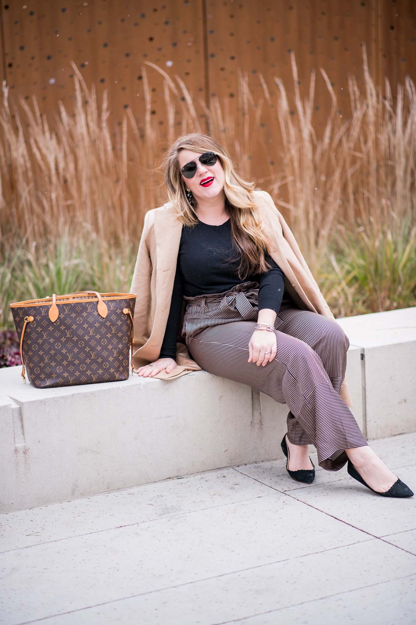High Waisted Striped Pants featured by top US fashion blog Coffee Beans and Bobby Pins; Image of a woman wearing J.Crew pants, Rothy's shoes, J.Crew sweater, Macy's coat and Ray-Ban sunglasses.