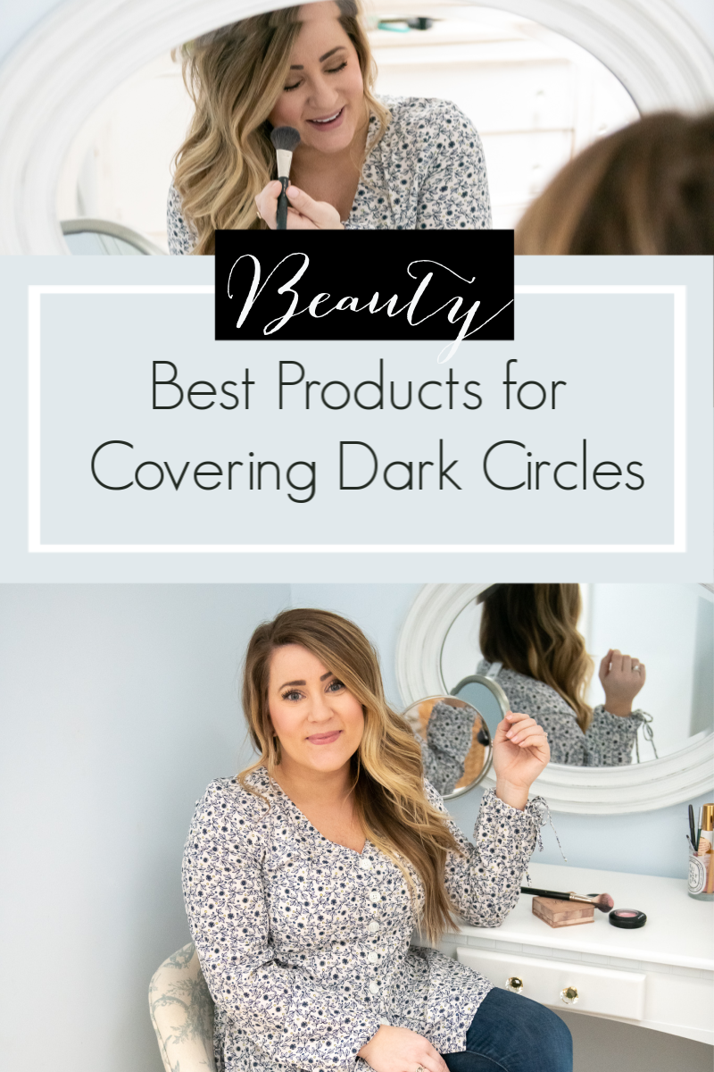 Best Products For Dark Circles featured by top US beauty blog Coffee Beans and Bobby Pins; Image of a woman wearing a printed top, doing her make-up.