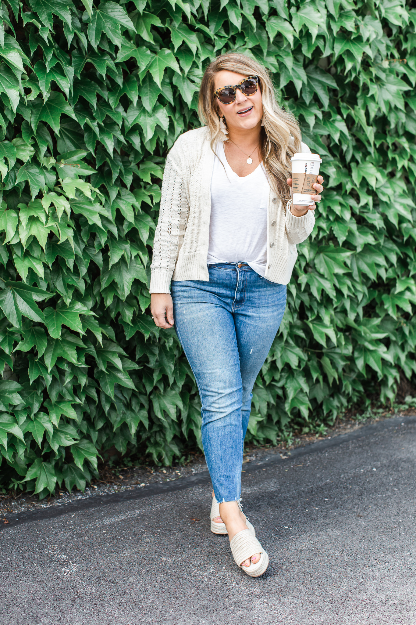 Summer Cardigan featured by top US fashion blog Coffee Beans and Bobby Pins; Image of a woman wearing J.Crew cardigan, Fidelity denim and Madewell white tee.