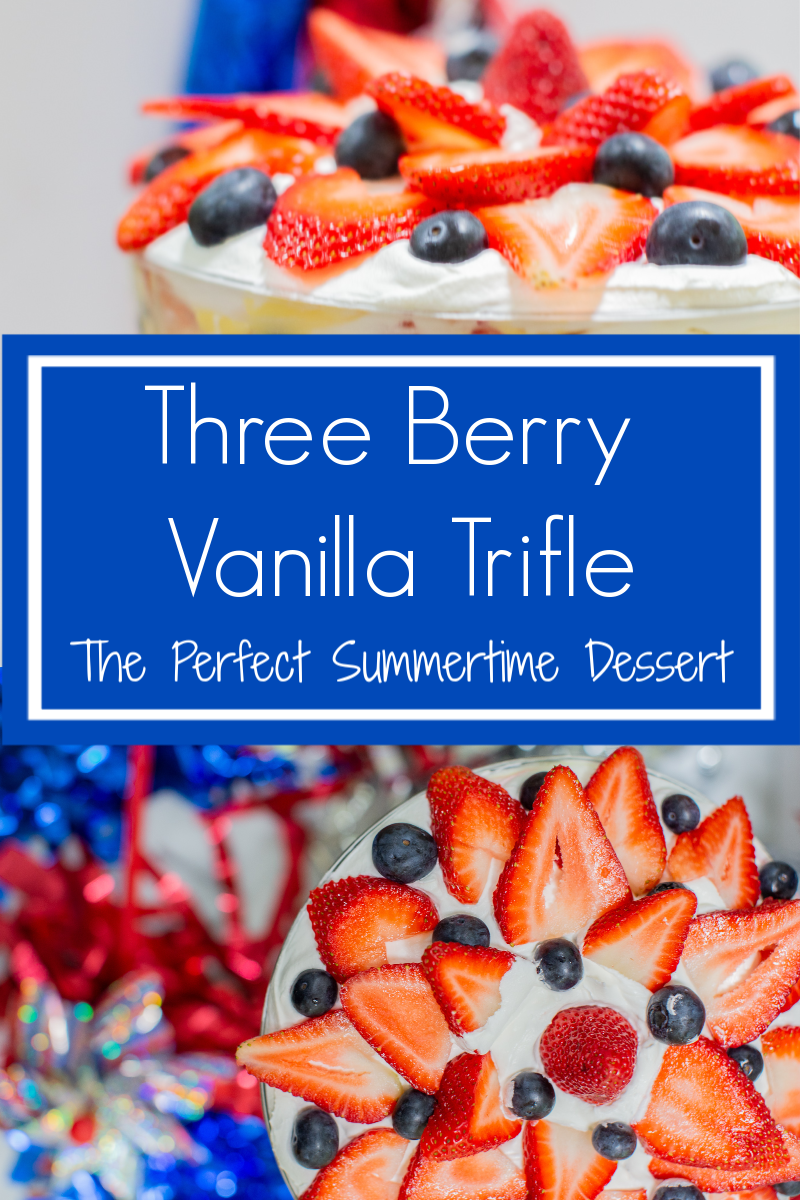 Three Berry Vanilla Pudding Trifle Recipe (the Perfect Summertime Dessert) by popular lifestyle blog, Coffee Beans and Bobby Pins: image of a pinterest graphic for a three berry vanilla pudding trifle in a trifle dish. 