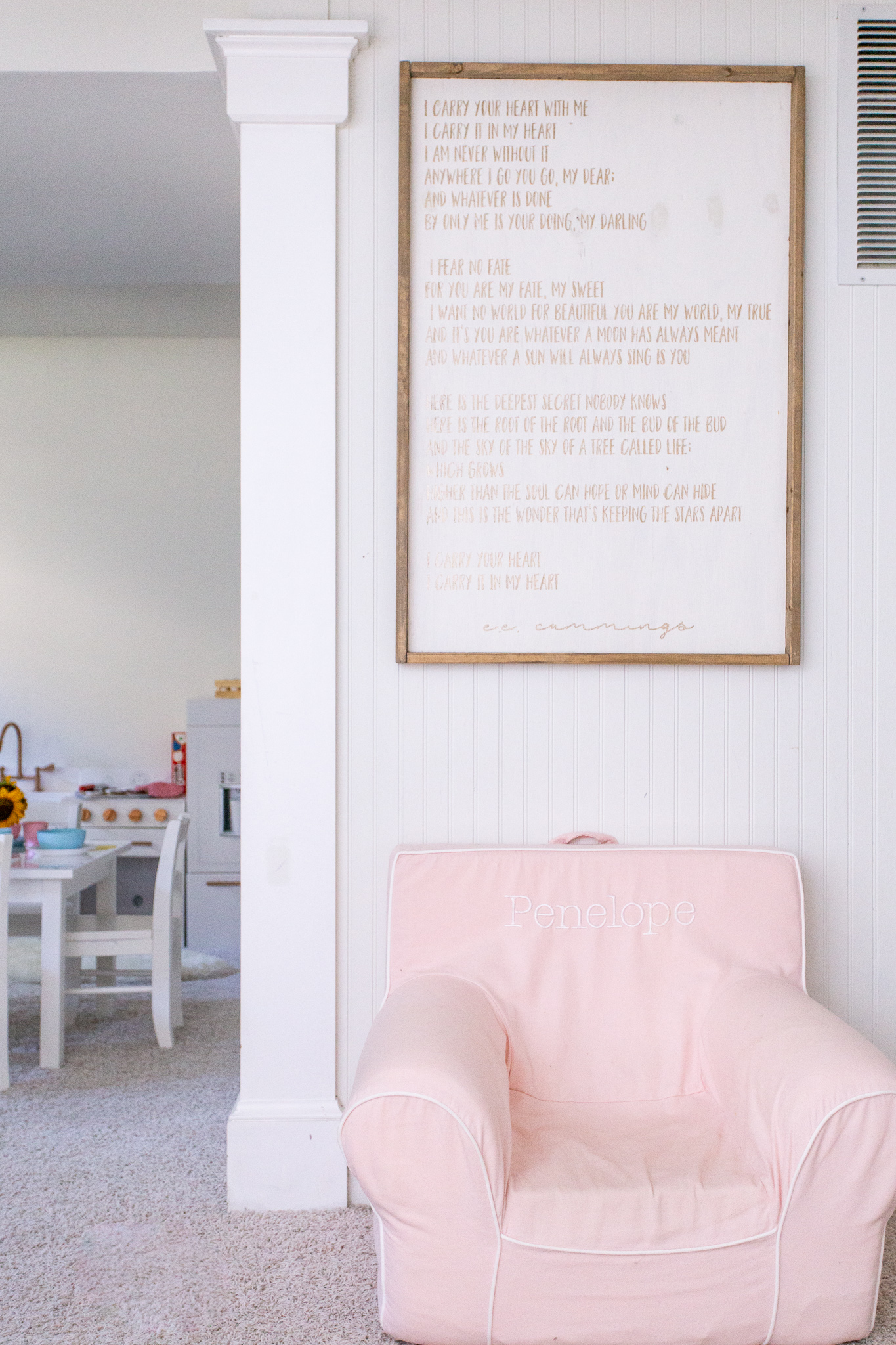 Playroom Storage Ideas and How I Combat All the Toys by popular North Carolina lifestyle blog, Coffee Beans and Bobby Pins: image of a playroom with a play kitchen, chalk board, wooden shopping cart, and play table.