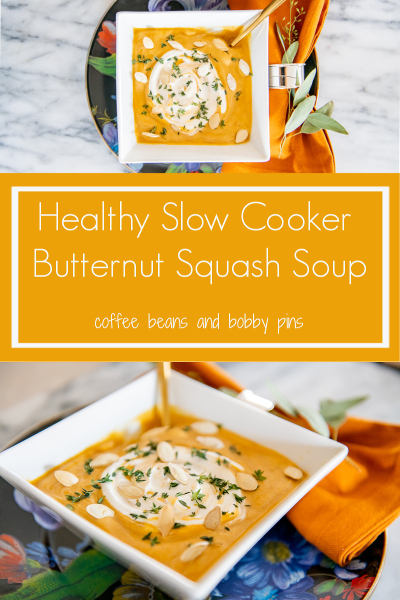 Healthy Slow Cooker Butternut Squash Soup Recipe featured by top US lifestyle blog, Coffee Beans and Bobby Pins.