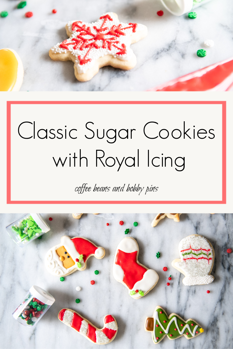 The Best Sugar Cookies With Royal Icing by popular North Carolina lifestyle blog, Coffee Beans and Bobby Pins: Pinterest image of Christmas sugar cookies with royal icing and Christmas sprinkles.