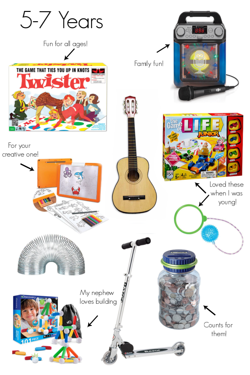 Gender Neutral Gifts for Kids by popular North Carolina life and style blog, Coffee Beans and Bobby Pins: collage image of a karaoke machine, Twister, guitar, Life board game, money counting jar, slinky, drawing board, skip-it, Razor, and magnetic sticks.