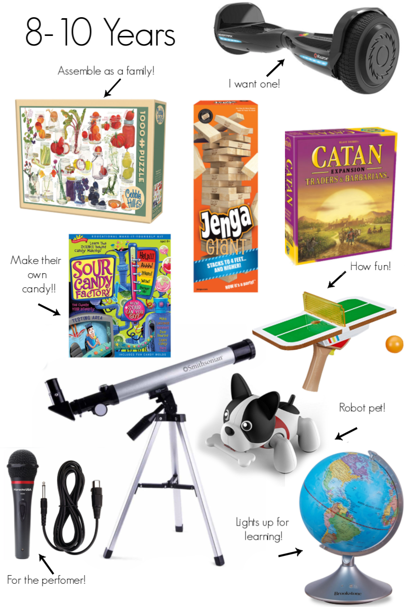 Gender Neutral Gifts for Kids by popular North Carolina life and style blog, Coffee Beans and Bobby Pins: collage image of a Razor hover board, telescope, microphone, Jenga, Settlers of Catan, Robot pet, interactive globe, and 1000 piece puzzle.
