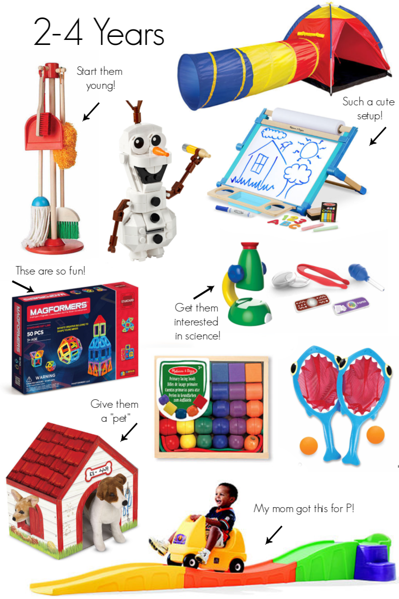 Gender Neutral Gifts for Kids by popular North Carolina life and style blog, Coffee Beans and Bobby Pins: collage image of a Melissa and Doug cleaning set, Olaf toy, art easel, magna tiles, Melissa and Doug wooden beads, shark paddle boards, toy dog, tent with pop up tunnel, and toy science kit. 