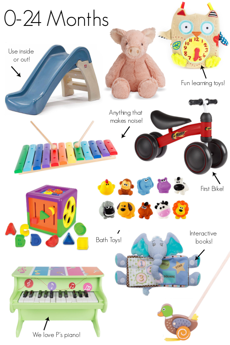 Gender Neutral Gifts for Kids by popular North Carolina life and style blog, Coffee Beans and Bobby Pins: collage image of a plush pig, bike, animal bath toys, interactive book, owl learning toy, slide, xylophone, blocks, duck push toy, and mini piano.