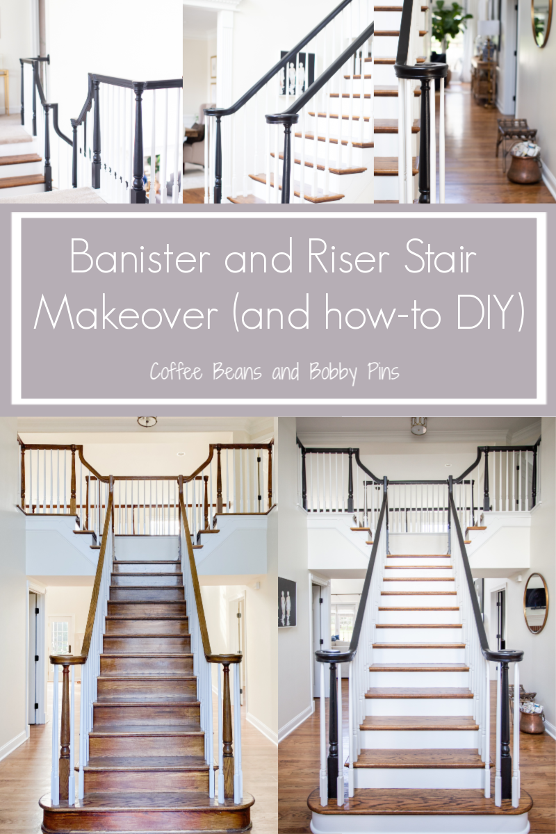 DIY Stair Railing Makeover by popular Ohio DIY blog, Coffee Beans and Bobby Pins: Pinterest image of a DIY stair railing makeover. 