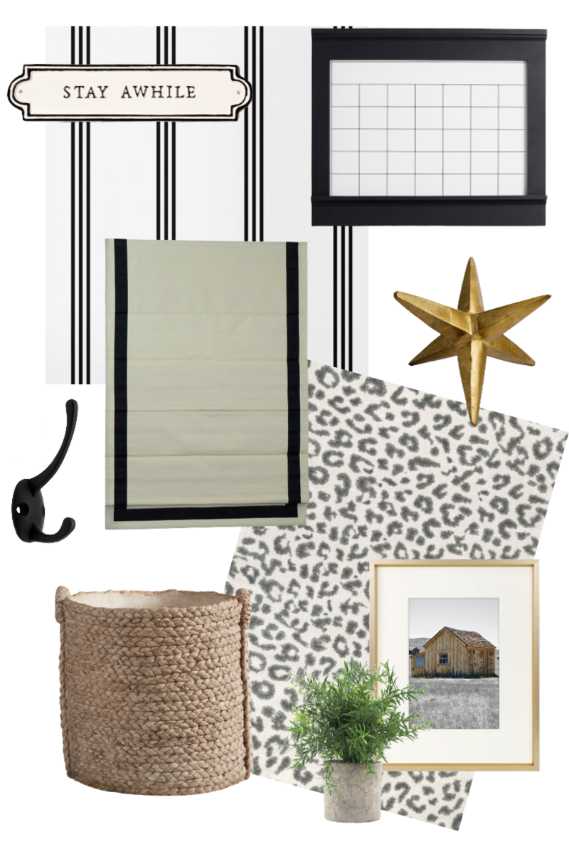 One Room Challenge by popular Ohio life and style blog, Coffee Beans and Bobby Pins: collage image of Livette's Wallpaper MINIMAL STRIPES REMOVABLE WALLPAPER, black wall hooks, black and white roman shade, woven straw basket, leopard print rug, faux potted plant, wall caldendar, gold geo star decor. 