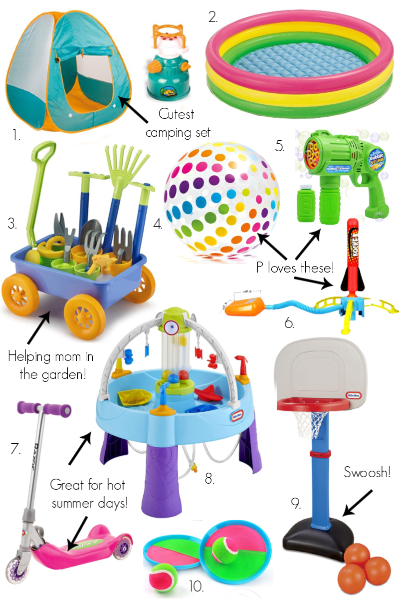 Outdoor Toys for Toddlers by popular Ohio motherhood blog, Coffee Beans and Bobby Pins: collage image of a play tent, bubble blower, rocket launcher, playskool basketb ball hoop, Scooter, water table, inflatable pool, gardening toys, and toss ball game. 