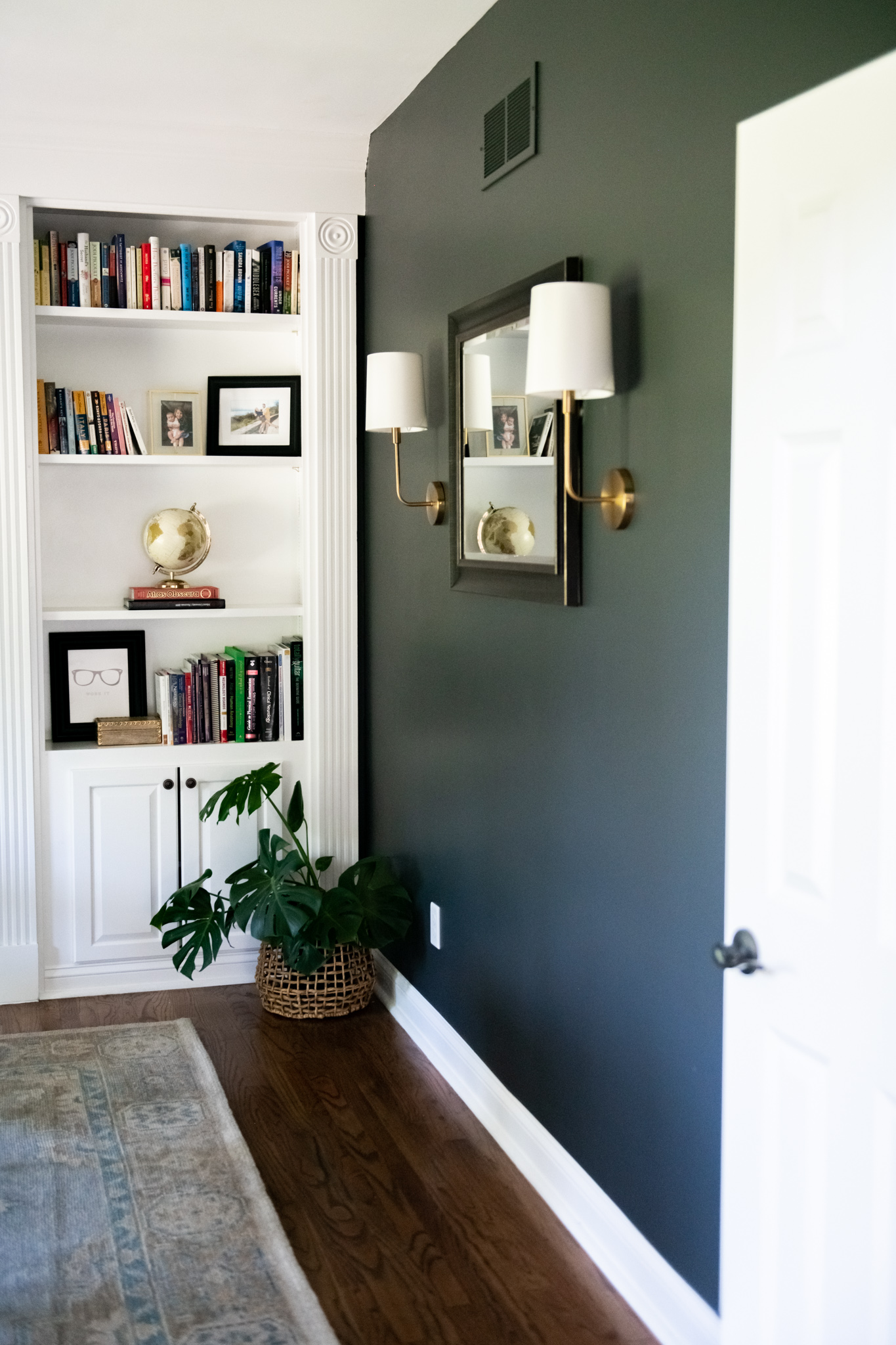 Living Room Furniture by popular Ohio life and style blog, Coffee Beans and Bobby Pins: image of a home office with Safavieh SCN4014A Lighting Jaxson Brass Gold Wall (LED Bulb Included) Sconces. 