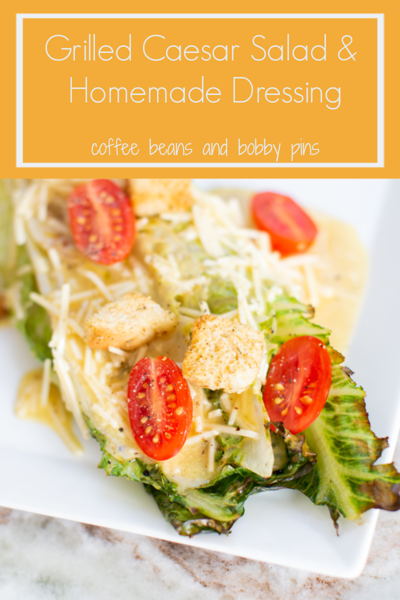 Grilled Romaine Salad by popular Ohio lifestyle blog, Coffee Beans and Bobby Pins: Pinterest image of grilled romaine salad on square white ceramic plates with cherry tomatoes and grated parmesan cheese.  