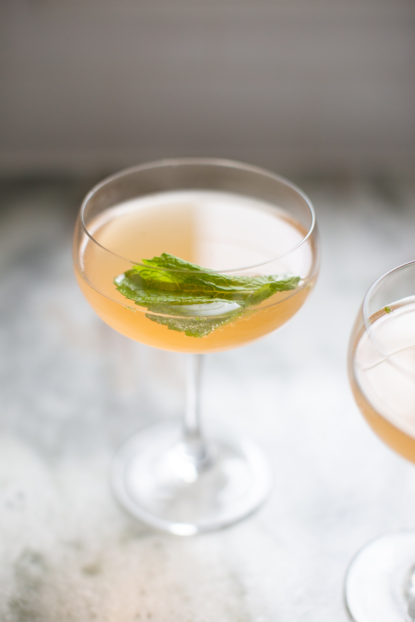 Rum Cocktail by popular Ohio lifestyle blog, Coffee Beans and Bobby Pins: image of a Old Cuban Rum Cocktail in a martini glass with a mint leaf floating on top. 