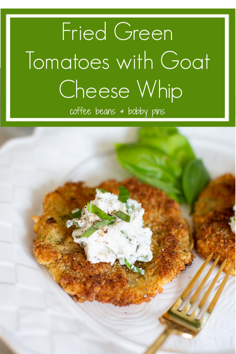 Fried Green Tomatoes by popular Ohio life and style blog, Coffee Beans and Bobby Pins: Pinterest image of fried green tomatoes with goat cheese whip on a white ceramic plate next to a gold fork. 