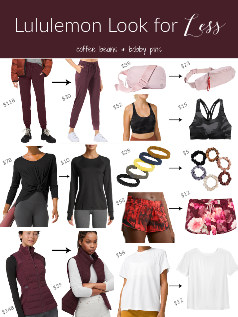 Athletic Apparel by popular Ohio fashion blog, Coffee Beans and Bobby Pins: collage image of maroon joggers, pink belt bag, camo sports bra, long sleeve black t-shirt, scrunchies, floral running shorts, maroon puffer vest, and white short sleeve t-shirt. 