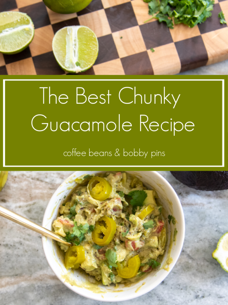 Easy Guacamole Recipe by popular Ohio lifestyle blog, Coffee Beans and Bobby Pins: Pinterest image of a bowl of Guacamole.