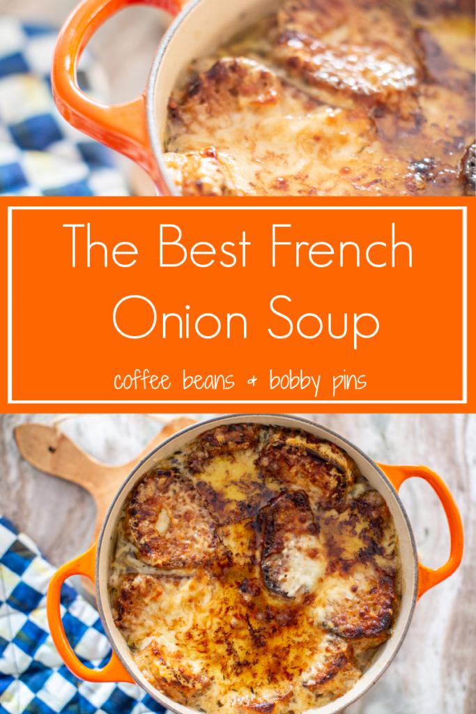 Crockpot French Onion Soup by popular Ohio lifestyle blog, Coffee Beans and Bobby Pins: Pinterest image of French onion soup in a orange crockpot. 