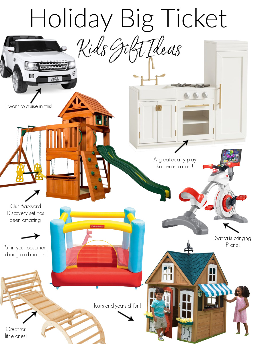 Big Ticket by popular Ohio life and style blog, Coffee Beans and Bobby Pins: collage image of a Power Car, Fisher Price Kids Pelaton bike, swing set, play kitchen, play house, bounce house, and wooden climber. 
