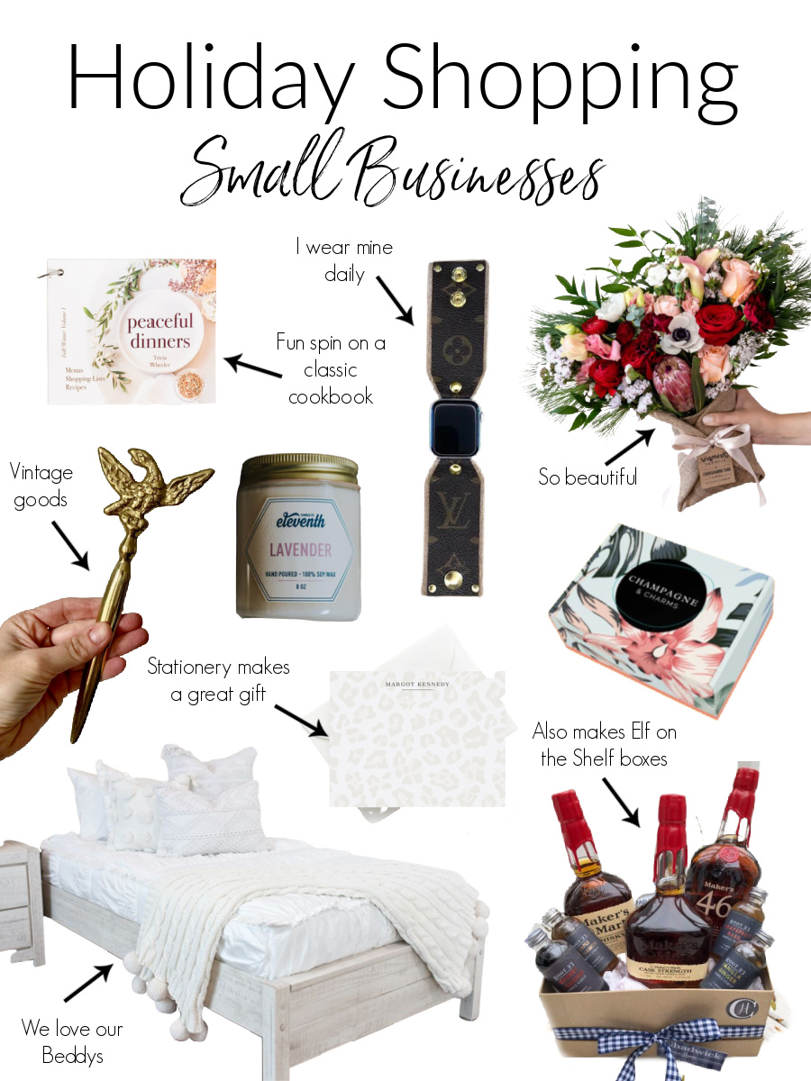 Small Business Saturday Ideas by popular Ohio lifestyle blog, Coffee Beans and Bobby Pins: collage image of Beddys bedding, floral arrangement, Louis Vuitton watch band, Peaceful Dinner cookbook, leopard print stationary, Champagne and Charms box, and Eleventh lavender soy wax candle.