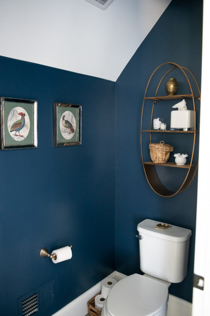 Master Bedroom Remodel by popular Ohio life and style blog, Coffee Beans and Bobby Pins: image of master bathroom with blue walls,  gold toilet paper holder and gold display rack. 