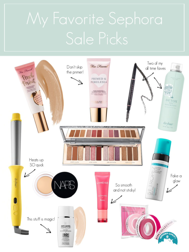 Sephora Beauty Insider Sale by popular Ohio beauty blog, Coffee Beans and Bobby Pins: collage image of Too Faced Peach Perfect, Too Faced Primed and Poreless, Drybar dry shampoo, DryBar curling wand, Nars concealer, Anastasia Eye Brow Pencil, St. Tropez faux tan, Laneige lip gloss, and Makeup tape.