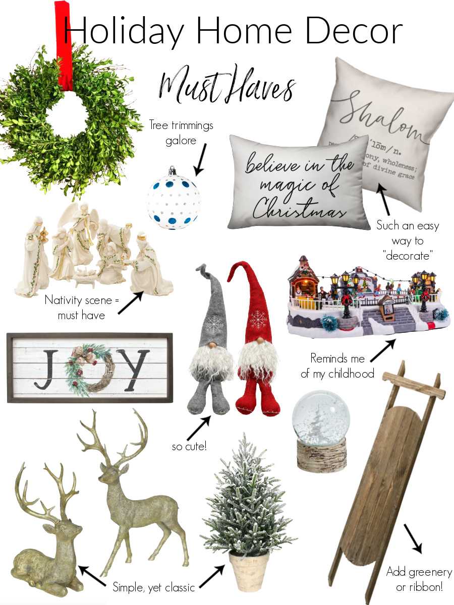 Wayfair Holiday Decor by popular Ohio life and style blog, Coffee Beans and Bobby Pins: collage image of boxwood wreath, blue and white ornament, wooden joy sign, nativity, wooden sleigh, snow globe, Christmas throw pillows, Santa decor, Christmas village, mini faux pine tree, and reindeer decor. 