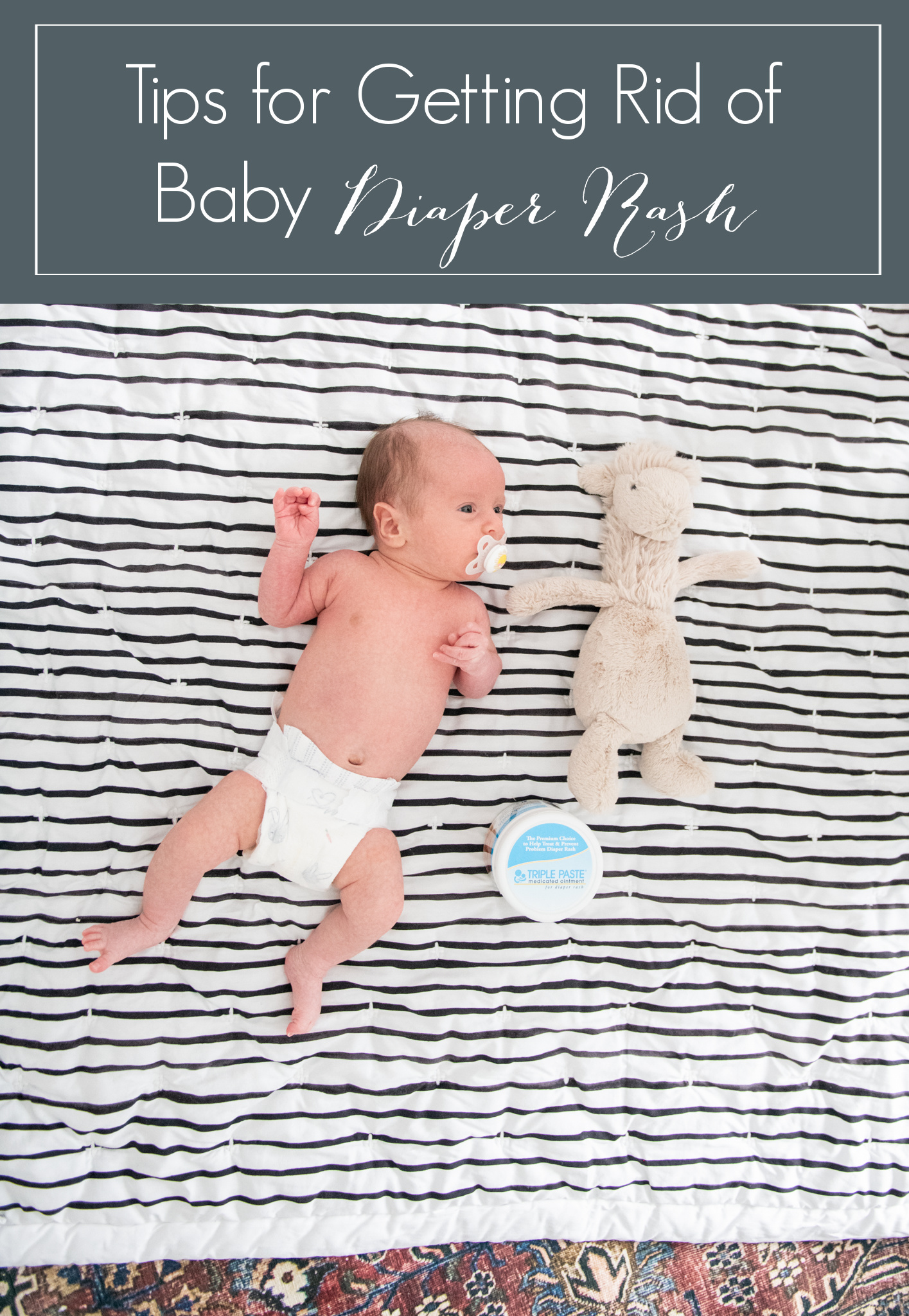 Diaper Rash Remedies by popular Ohio motherhood blog, Coffee Beans and Bobby Pins: Pinterest image of a baby laying on a black and white stripe blanket next to a stuffed llama and some diaper rash ointment. 