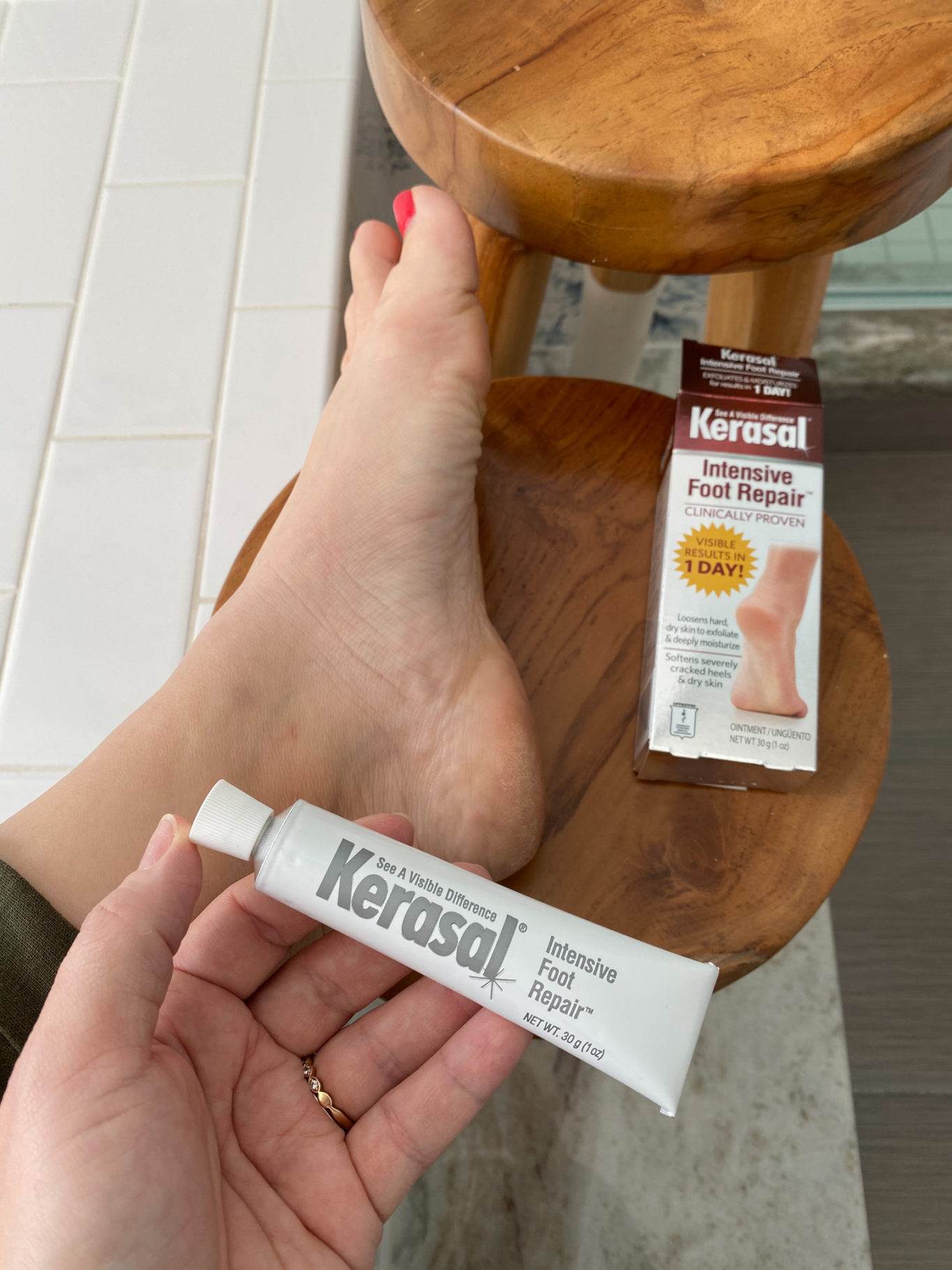 Springtime Products by popular Ohio life and style blog, Coffee Beans and Bobby Pins: image of a woman holding a tube of Kerasal intensive foot repair. 