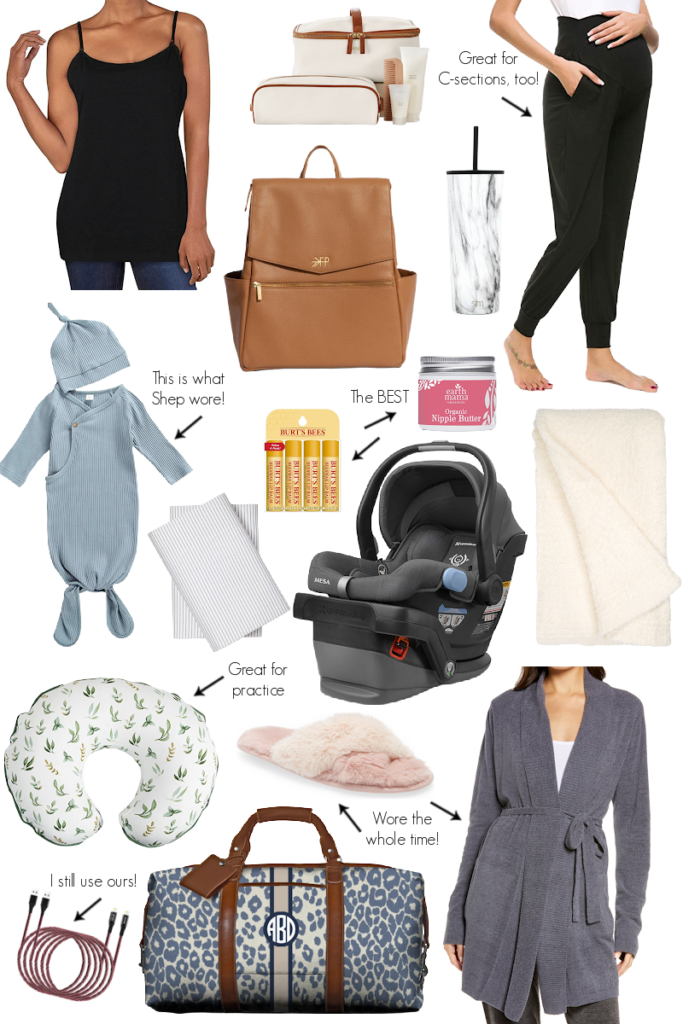 Hospital Bag Must Haves by popular Ohio motherhood blog, Coffee Beans and Bobby Pins: collage image of black jogger pant, black cami tank, Freshly Picked camel brown backpack, Burts Bees chapstick, blue leopard print monogram duffle bag, grey robe, nursing pillow, cream blanket, carseat, reusable tumbler cup, pink fuzzy slippers, charging cords, blue baby onesie with matching cap, cream cosmetics bags, and nipple cream.